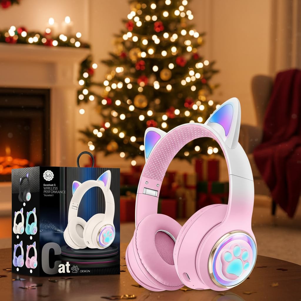 KERHAND Bluetooth 5.0 Noise Cancelling Cat Ear Headphones for Kids, Foldable LED Light Up Ears with Safe Volume Limit & TF Card/Mic | Ideal for iPad,