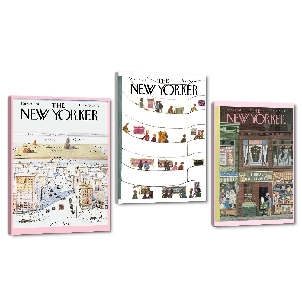 The New Yorker Magazine Canvas Prints Retro Posters and Prints Vintage Multipack Wall Art Pictures Living Room Bedroom Wall Decor Retro Colorful Wall Pictures Framed Ready to Hang-12"Wx16"Hx3pcs