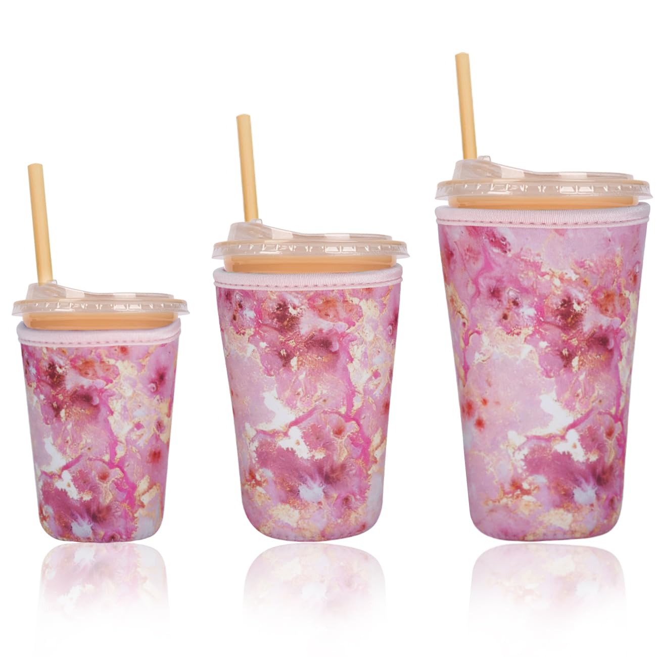 Reusable Insulated Sleeve for Iced Coffee Cup, 3-Pack Coffee Neoprene Drink Sleeve for Cold &amp; Hot Drinks, Beverage Holder for Iced Coffee (Rosy Marble)