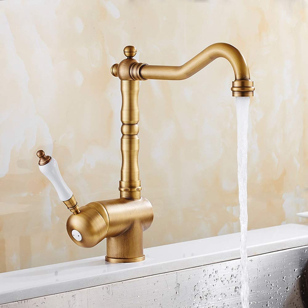 European Antique Kitchen Dishwashing Faucet 360° Rotating Bathroom Wash Basin Above Counter Basin Ceramic Hot and Cold Water Faucet Bronze Beautiful Practical