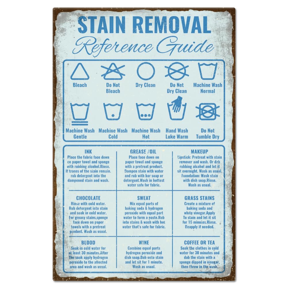 GLOBLELAND Laundry Guide Stain Removal Guide Metal Tin Sign Retro Personalized Signs Sewing Room Signs Art Plaque Poster Wall Decor for Home Laundry Room Bathroom 8×12inch