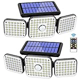 Solar Light Outdoor, 132 LED Motion Sensor Security Flood Lights 3 Adjustable Heads 3 Modes with Remote Control 270° Wide Angle Illumination IP65 Waterproof Wall Lights for Garage Yard Porch (2 Packs)