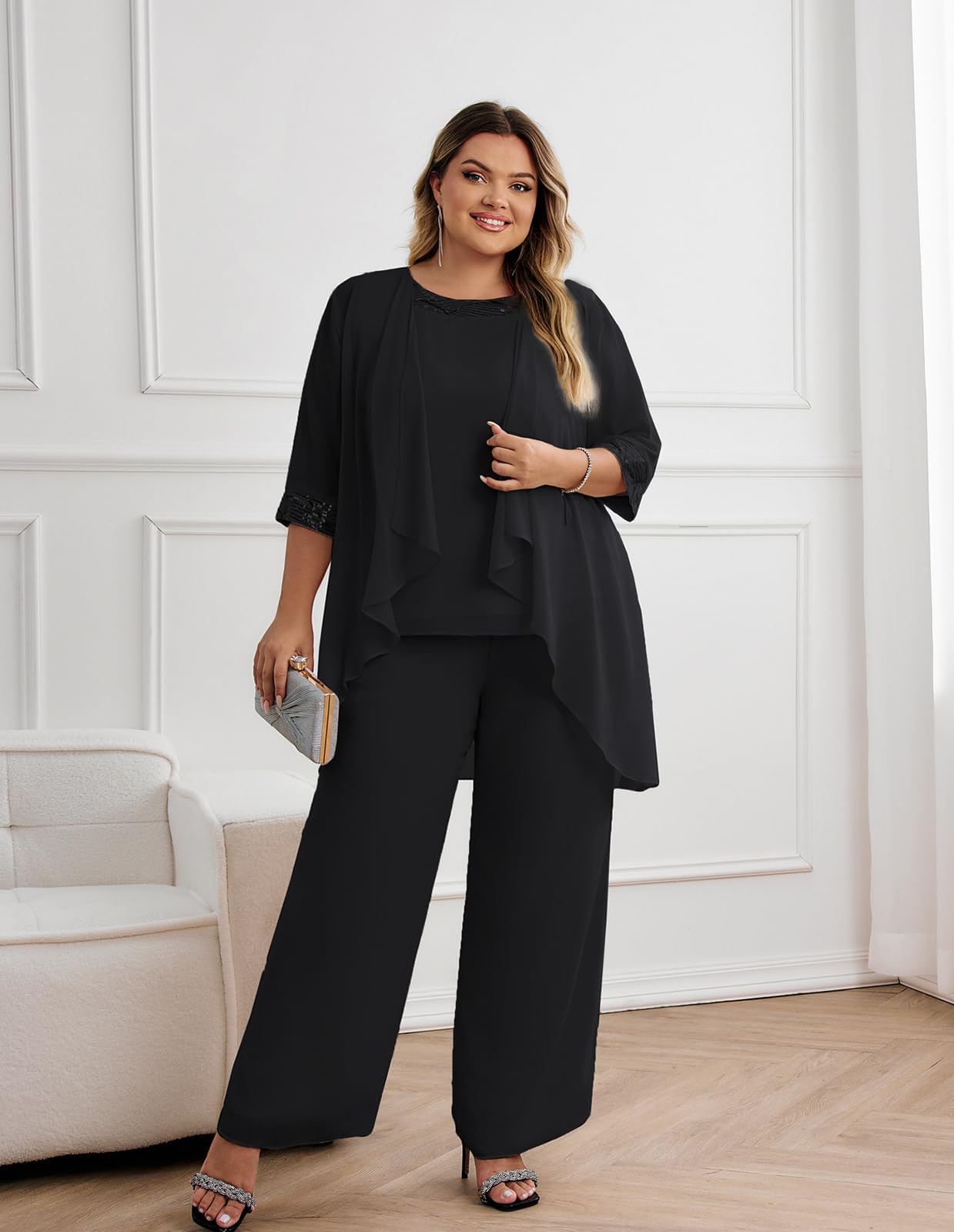 Hanna Nikole Damen Große Größen Chiffon Abendanzug 3-Teiliges Set Cocktail Party Elegant