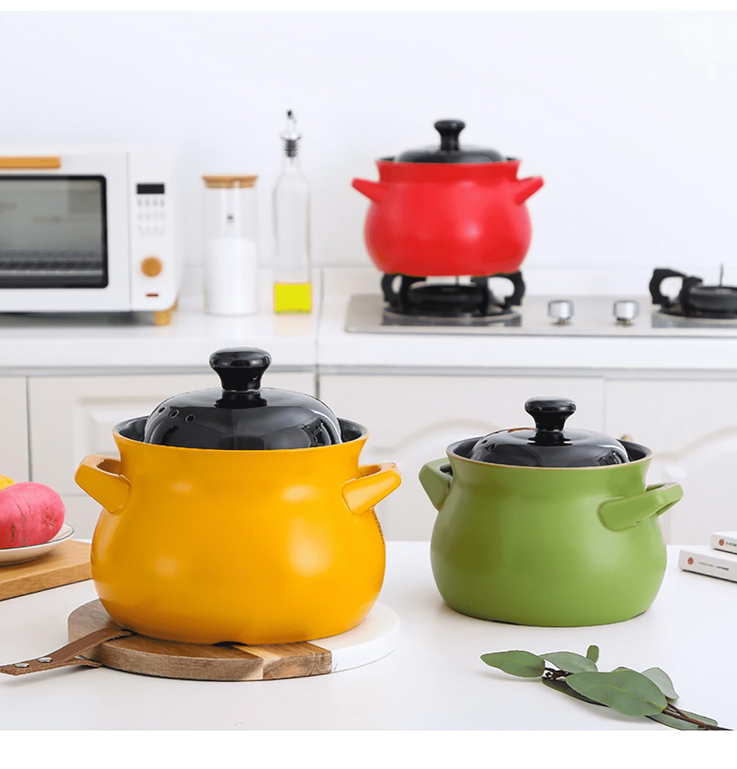 olla de cerámica, Olla de cerámica con tapa doble asa, sopera pura(Black and yellow,3.8L)