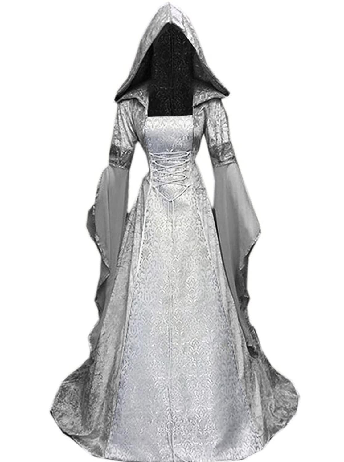 jakloz Halloween kostuum voor dames, middeleeuws en renaissance met capuchon, gotisch kleed voor Victoriaanse carnaval en Fasching, cosplay kostuum (Zwart, XL
