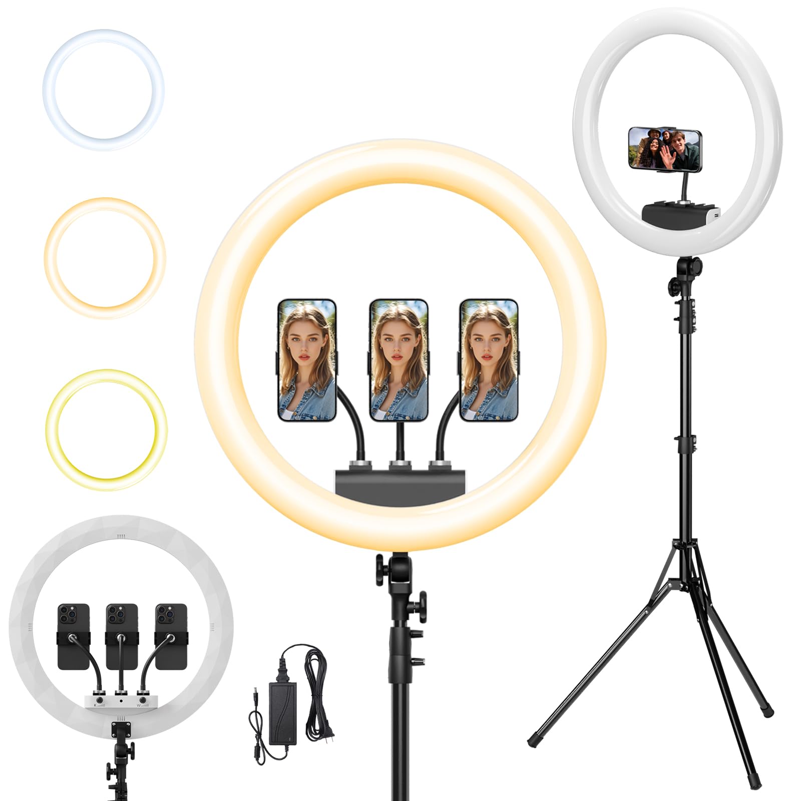 45,7 cm Ringlicht mit Ständer und Handy-Halterungs-Kit – 243,8 cm verstellbares Stativ, dimmbares LED-Kreislicht mit Fernbedienung und 6300 K Farbtemperatur für Live-Streaming, Make-up, YouTube