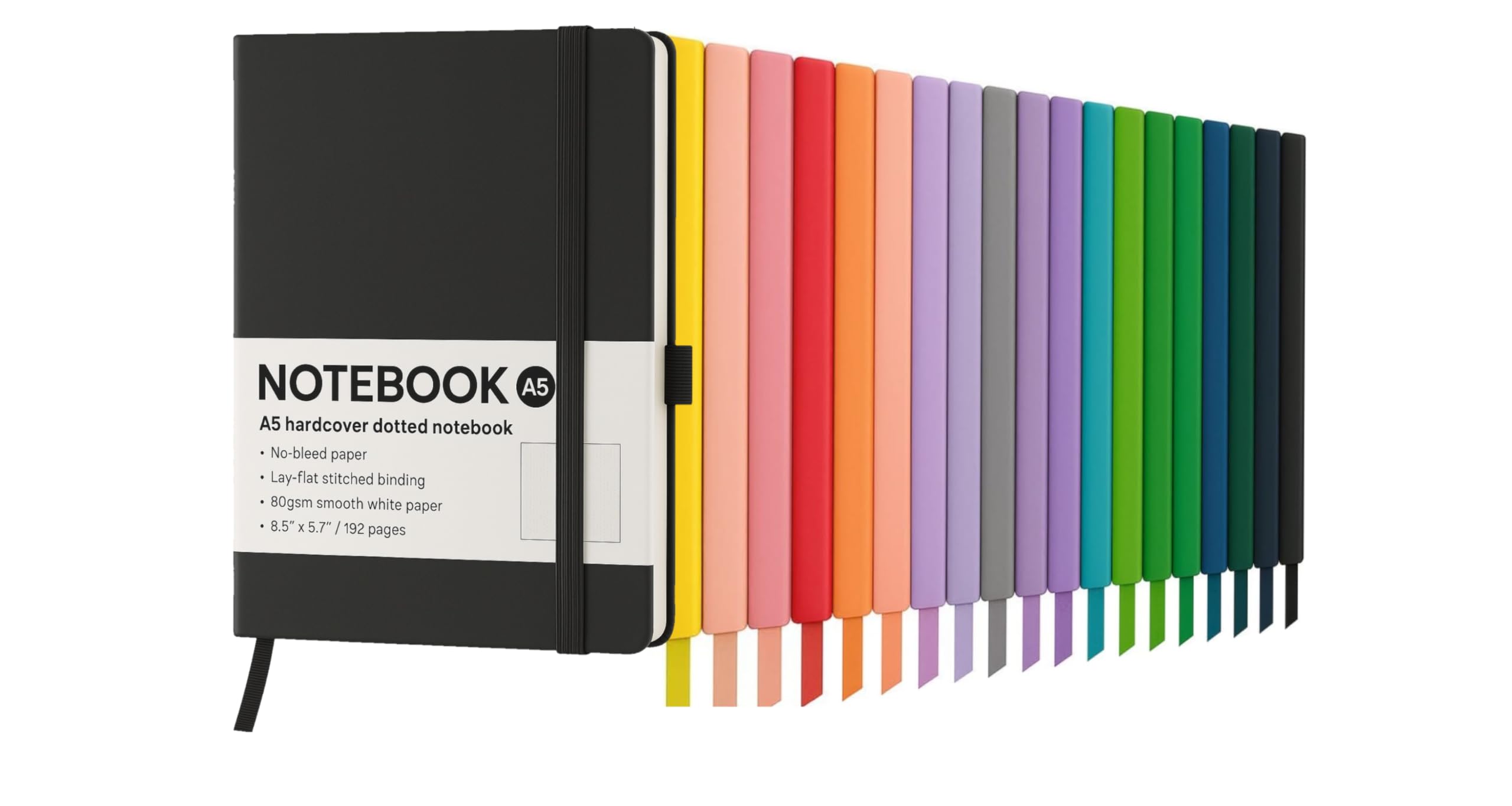 A5 Dotted Notebook 192 Pages - Soft Feel Hardcover Writing Notebook with Elastic Closure, Pen Holder & Ribbon Marker