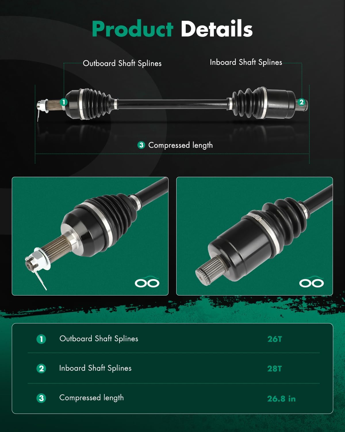 SCITOO Rear Left Right CV Axle Fit 2016-2020 for Polaris General 4 900/1000 2015-2020 for Polaris RZR S 900/1000 2019-2020 for Polaris RZR S4 900/1000 1333946 1333263 2PCS