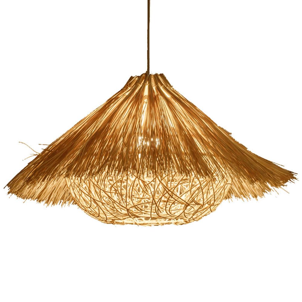LYMSXAZOU Rattan Chandelier,Retro Woven Hanging Lamp Bamboo Lantern Lampshade 15.7in Wicker Chandelier Light Fixture Ceiling Restaurant Tea Room Bedroom Living