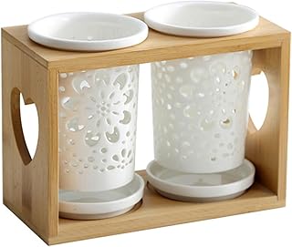 Dxcaicc 2 Pack Silverware Holder,Ceramic Utensil Organizer with Wood Rack,Storage Caddy Sets, Kitchen Flatware Caddy for Spoons, Knives and Forks,C