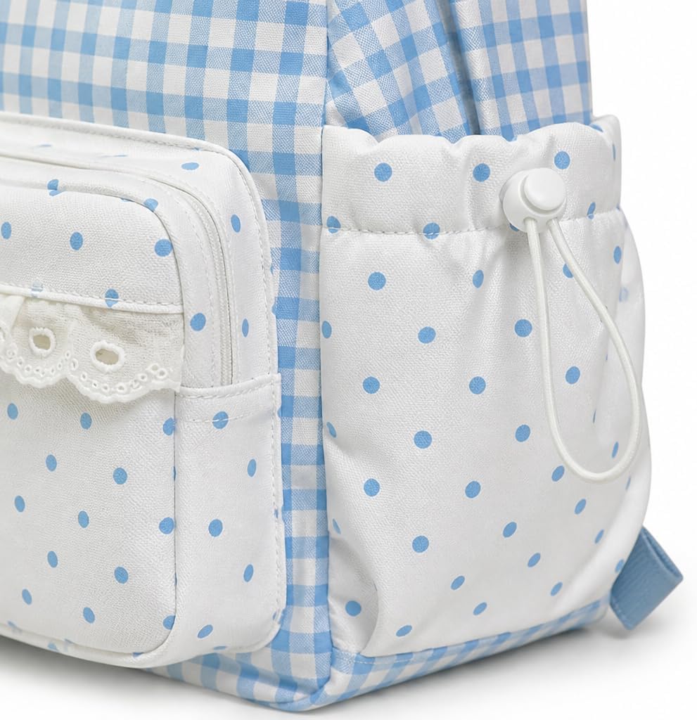 Ruffle Backpack with Plaid, Polka Dot Pockets and Bow Accent (Blue)