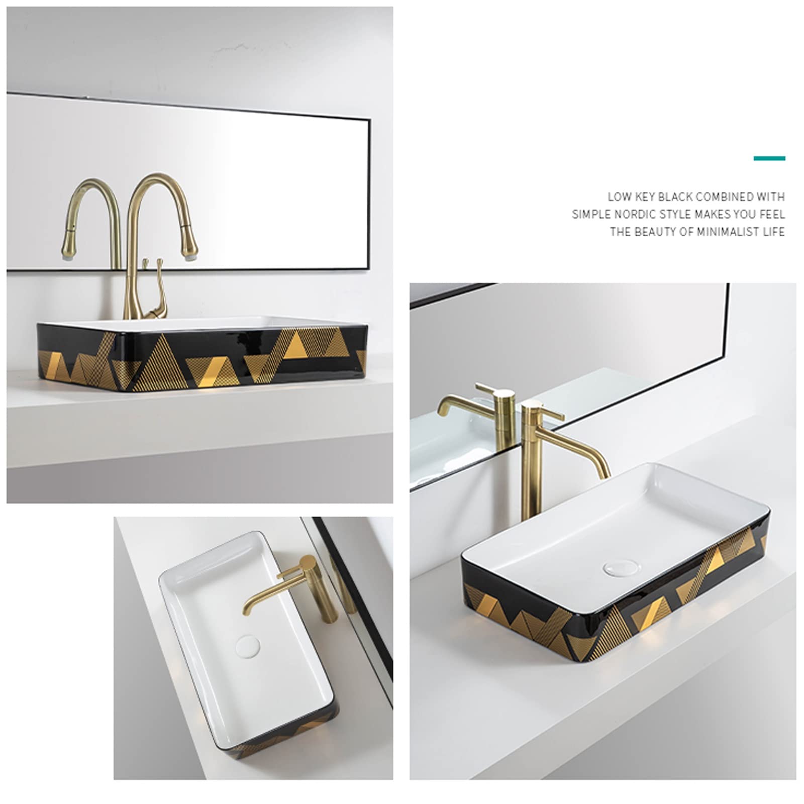 Zlewozmywak nablatowy nablatowy, zlew łazienkowy, ceramiczny zlew porcelanowy prostokątny czarny zlew na naczynia ze złotymi liniami dekorującymi wygląd zewnętrzny, L 60 cm x szer. 33,8 cm x wys. 10,9