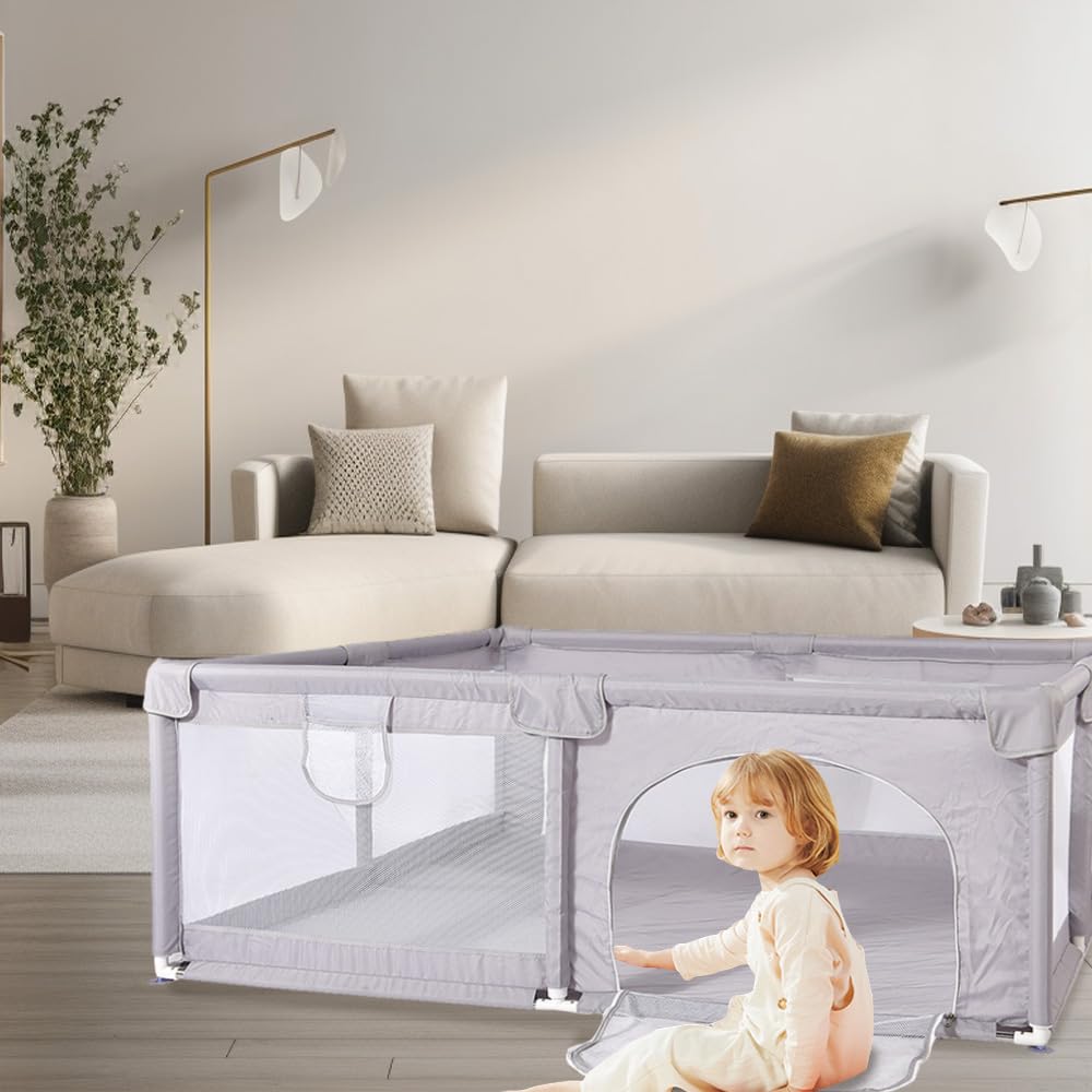 Parque infantil plegable, parque infantil, rejilla con red transpirable para interior y exterior, parque y establos con puerta con cremallera, a partir de 0 – 48 meses, 150 x 180 x 62 cm