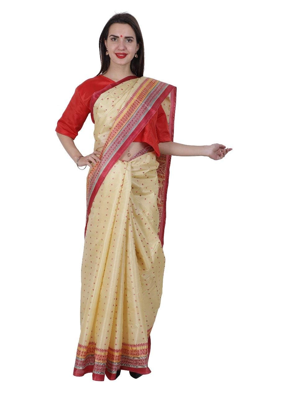 Kaku Fancy Dresses Indian Bihu Ethnic Wear Saree for Women Dance Event Farmer Dress For Girls - Cream (Fullsize)-image-47