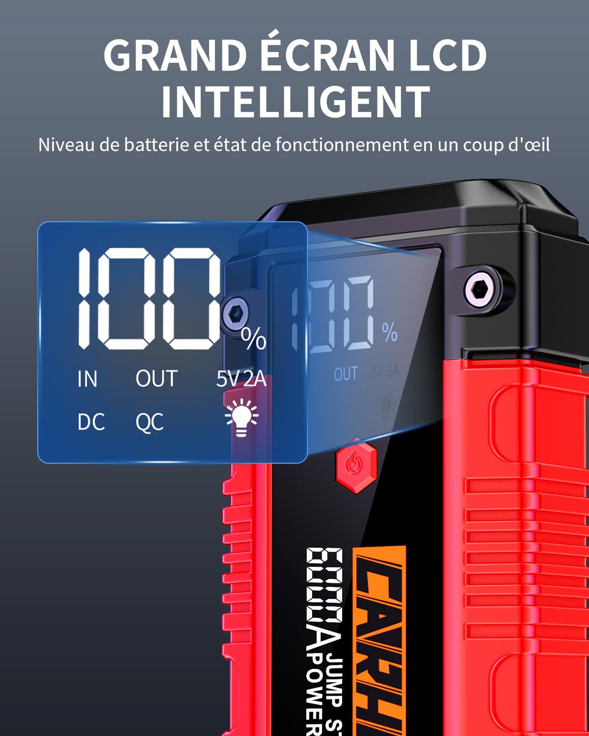 CARHEV Booster Batterie Voiture 6000A, 26800mAh Démarreur de Voiture (Jusqu’à 10L Essence & 10L Diesel), 12V Portable Jump Starter avec Lampe à LED, Grand Écran LCD, Pinces de Sûreté Intelligentes