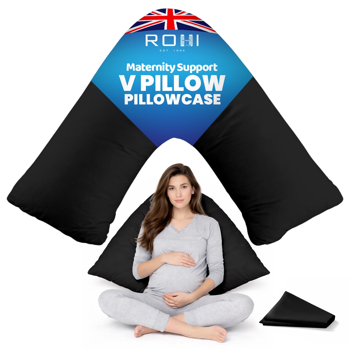 Rohi Black Orthopaedic V Pillowcase Only – 100% Microfibre Anti Allergy Triangle Pillowcases For Nursing, Maternity & Pregnancy V Pillows – Super Soft & Breathable V Case Only (Black)