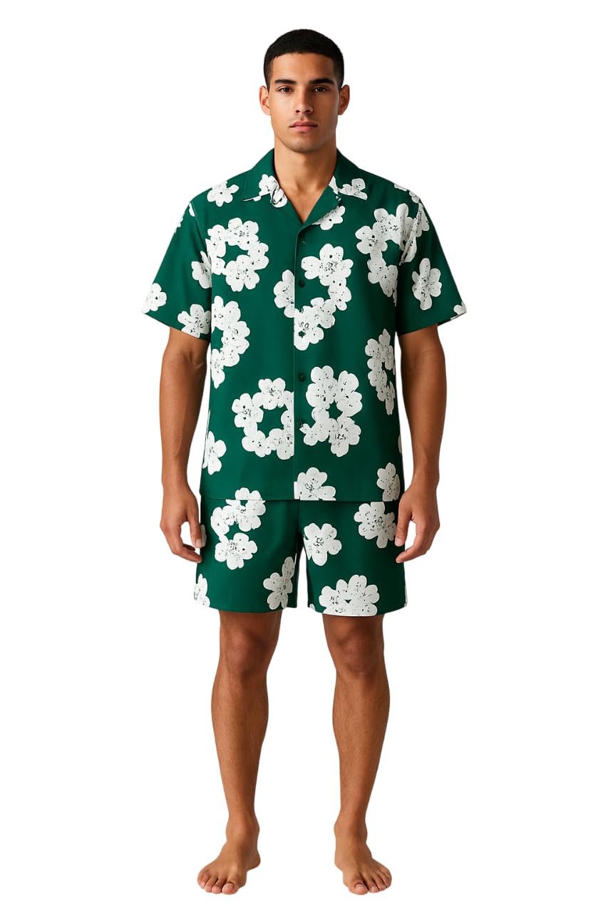 Men’s Printed Co-Ord Set | Plus Size Casual Shirt & Shorts Set | Nightwear Pajama Suit, Loungewear, Beachwear & Vacation Outfit Design No LG NS JIIOO Green 2XL-image-31
