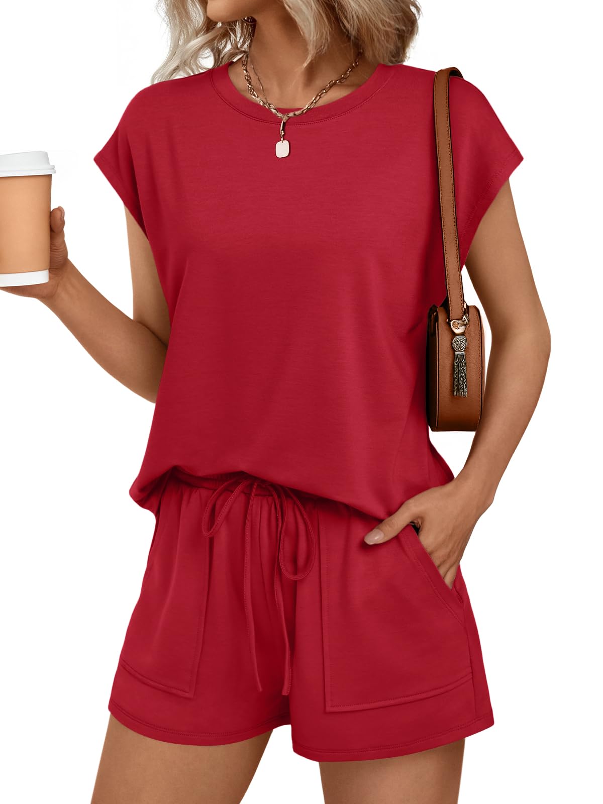 AUTOMET Womens Crew Neck Two Piece short Sets Cap Sleeve Drawstring Summer Sweatsuit with Pocket