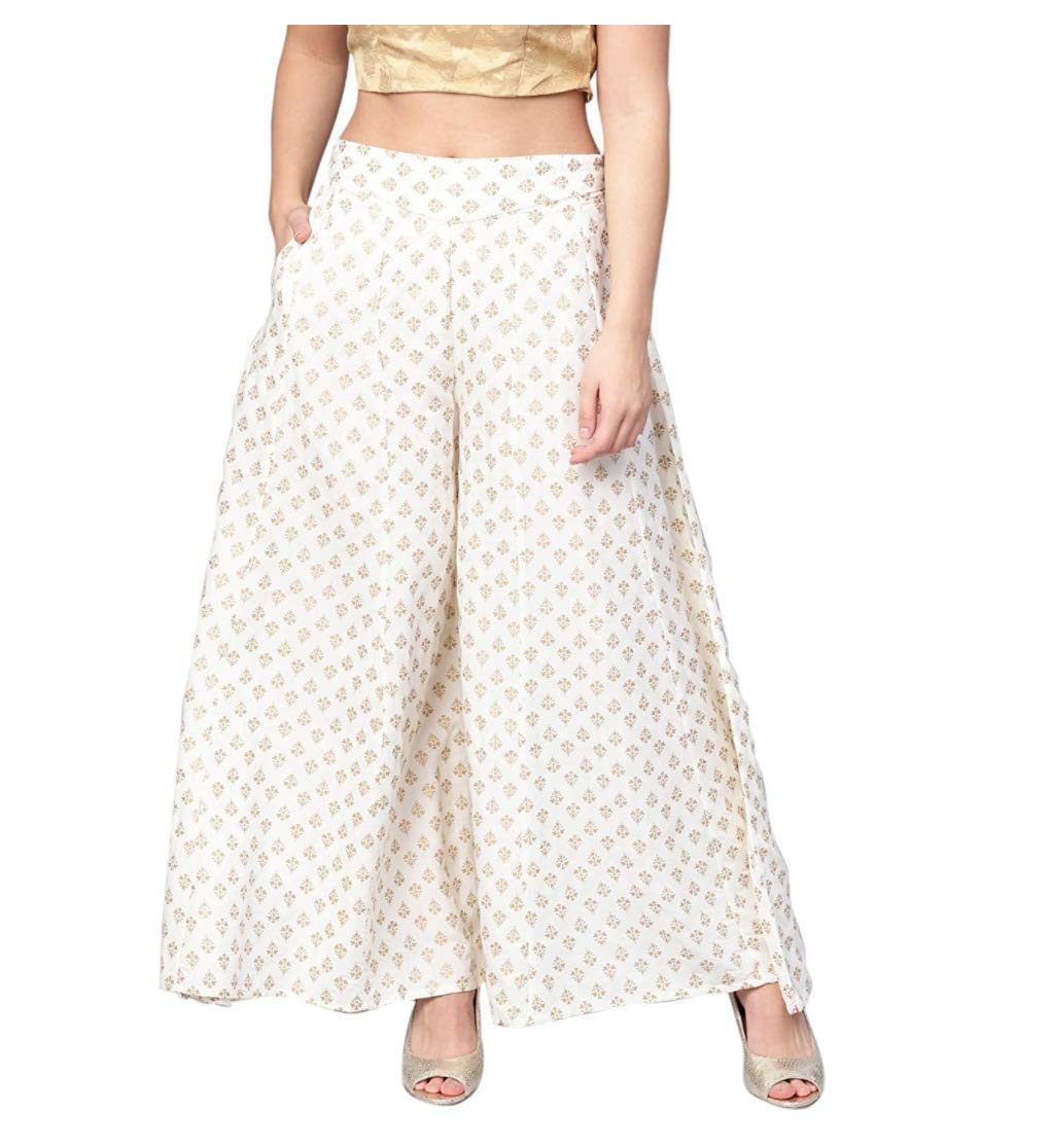 TNQFull Flared Cotton Palazzo Pants || Gold Print Printed Sharara Garara || Ethnic Or Casual Wear