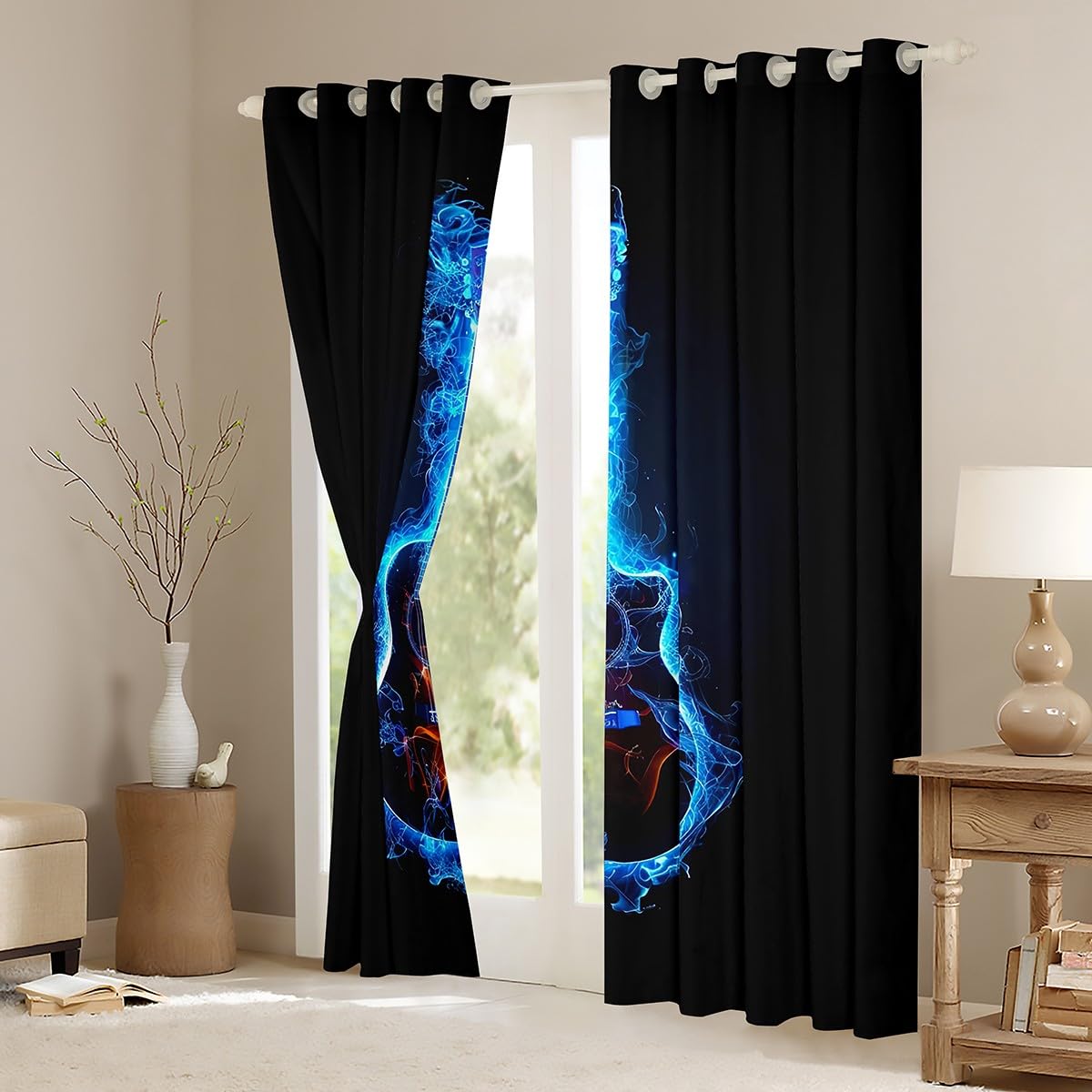 Tende moderne a forma di chitarra musicale, decorazione per la stanza dei bambini, adulti e adolescenti, stile hip hop, musica rock, per ragazzi e ragazze, tende per finestre luminose blu