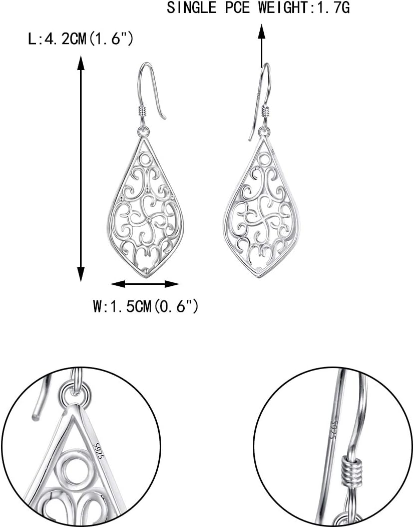 EVER FAITH Women's 925 Sterling Silver Vintage Floral Hollow Filigree Diamond-Shape Drop Hook Earrings - Image 5