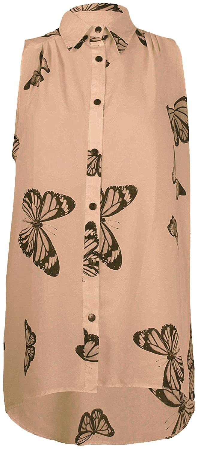 Gostyles Women's Stone Gostyles® Butterfly Print Chiffon Hi Lo Dip Hem Sleeveless Blouse, Summer Fashion Button Down Collared Shirt Top (, 18)