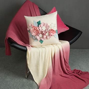 JWH 3D Flower Throw Pillow Cover Aesthetic Decorative Floral Accent Pillow Case Colorful Cushion Handmade Pillowcase for Bed Living Room Couch Office 18x18 Inch Beige Pink Green
