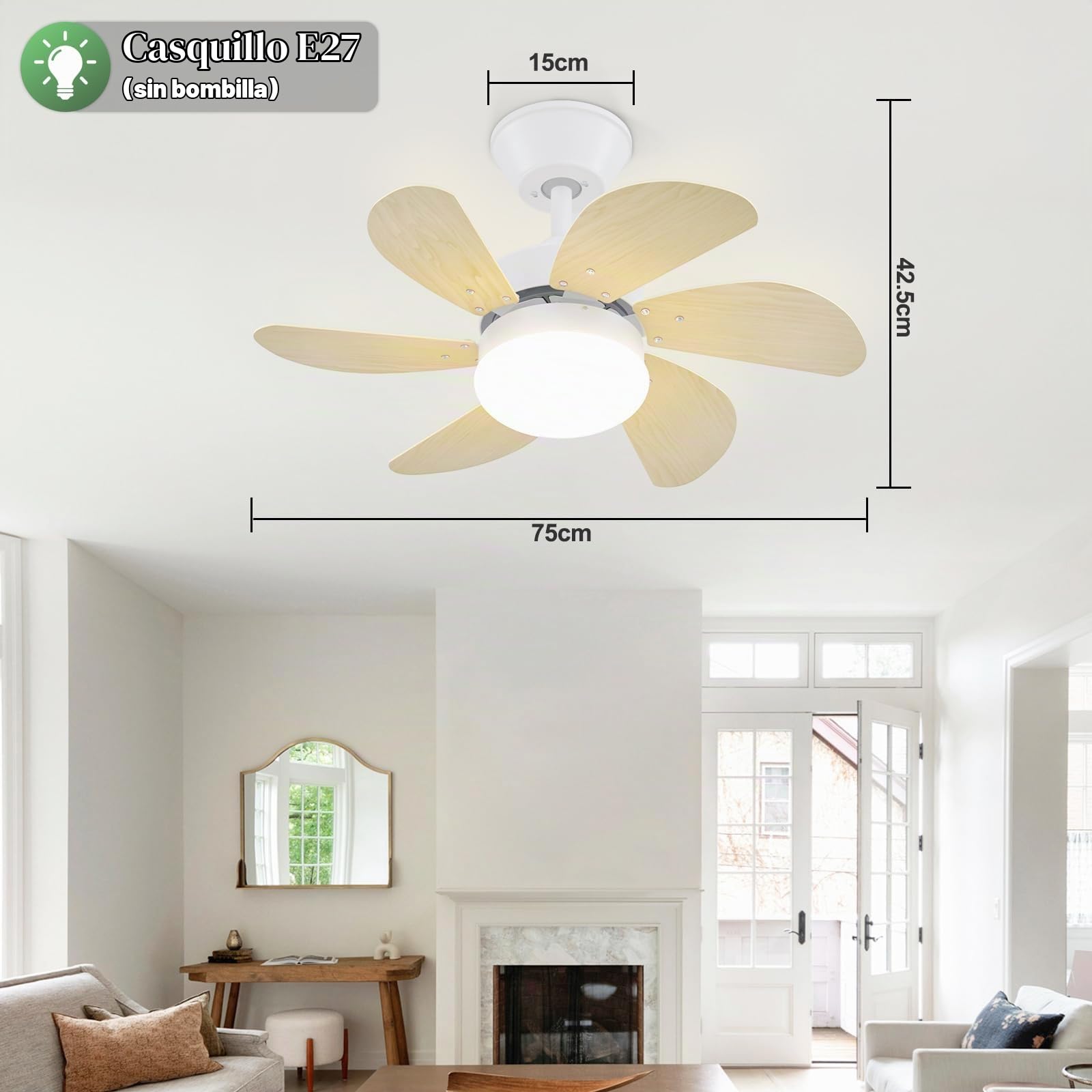 Homefire Ventilador de techo silencioso luz - Lámpara de sala de estar | Ø75 cm con aspecto de madera - Bombilla E27 - Ideal para verano/invierno para dormitorio, comedor o mesa