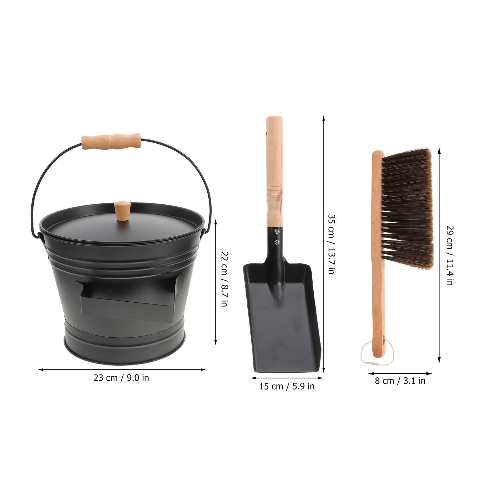 Kaminbesteck Edelstahl mit Schaufel, Bürste und Deckel für Kamin