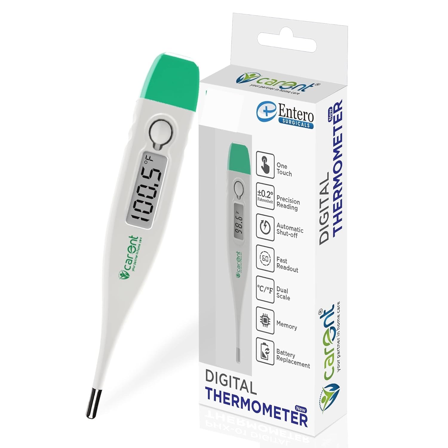 Carent DT-03 Waterproof Digital Thermometer (Pack of 1) | Premium Body Temperature Thermometer for Kids, Adults & Babies | White & Green