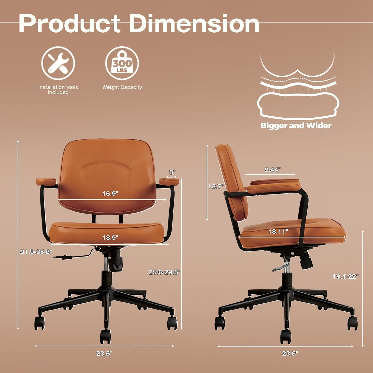 Home Office Chair, Ergonomic Desk Chair with Lumbar Support, Adjustable Height Rolling Swivel Task Chair with Armrests, PU Leather, for Meeting,Study Room （Brown）