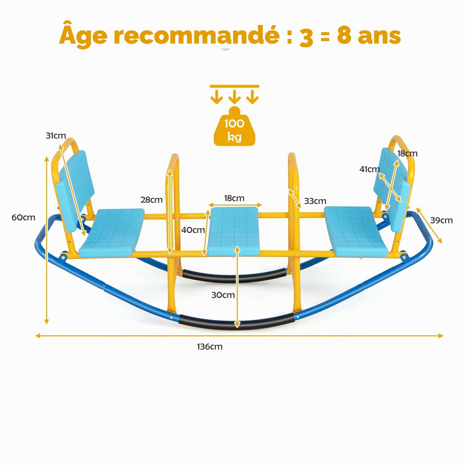 HOMASIS Balançoire à Bascule 3 Places pour Enfants avec Poignées et Dossiers, Bascule de Jardin en Métal Charge 90 kg, Teeter Totters pour l'intérieur et l'extérieur, 136x39x60cm (Blue)