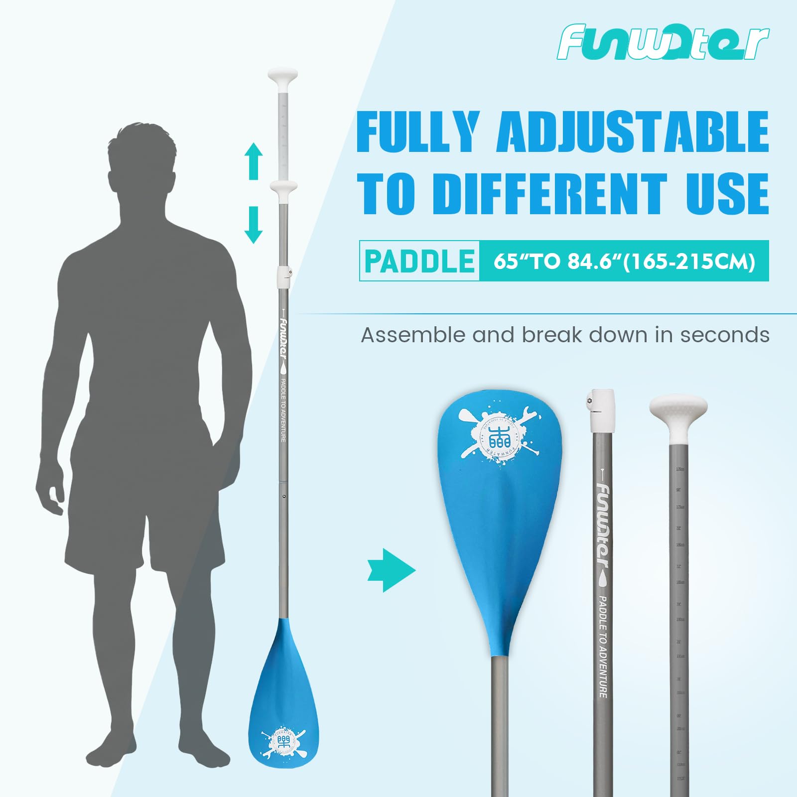 FunWater SUP Paddel – 3 Stück verstellbares Stand Up Paddle Board Paddel – leichtes & schwimmendes Paddelbrett Ruder – langlebig und verstaubar, verstärkte Nylonklingen – effizienter Hub