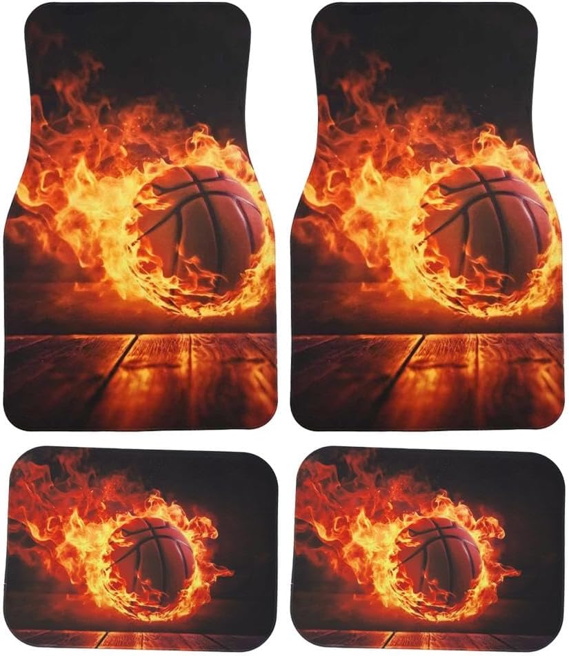 Artistic Fabric Car Floor Mats-Non-Slip Rubber Backing,Front (26.8x17.3in) & Rear (13x17.3in) Set-Water Absorbing, Durable Automotive Floor Liners with Stylish Patterns,Basketball