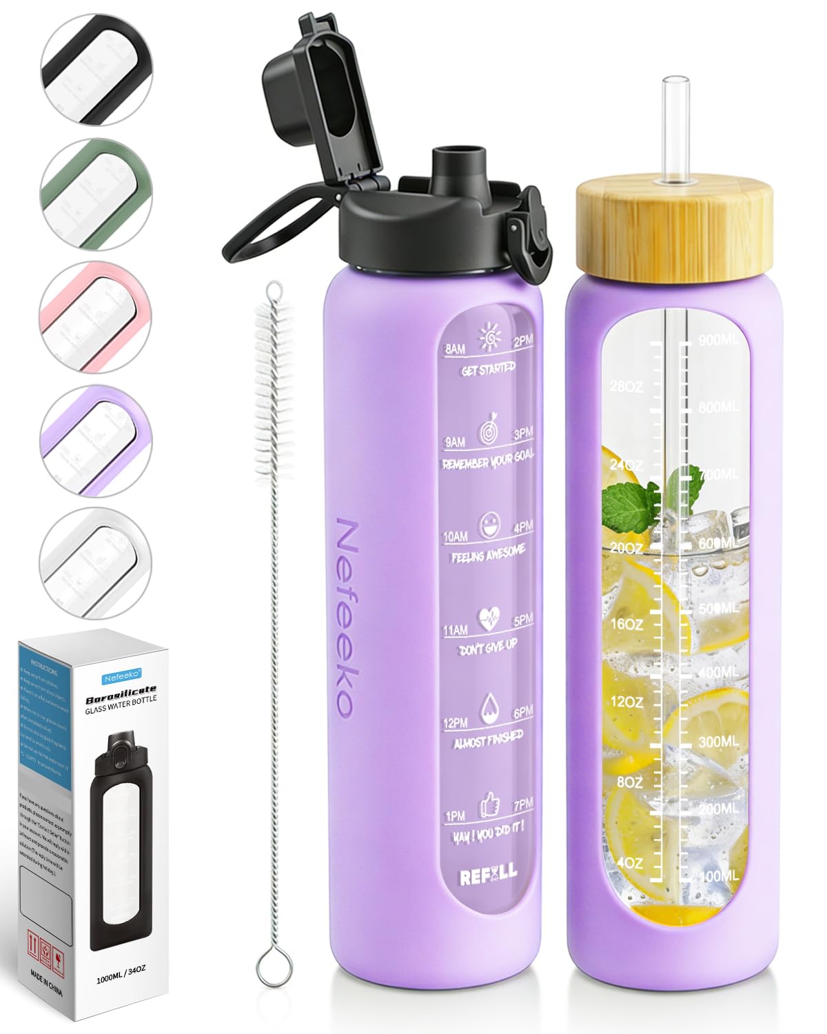 Nefeeko Men's Purple 32 Oz Glass Water Bottles With Straw, Motivational Glass Water Bottle With Time Marker, 1 Liter Bpa Free Leakproof Reusable Glass Water Bottle With Silicone Sleeve, Bamboo Lid, Spout Lid
