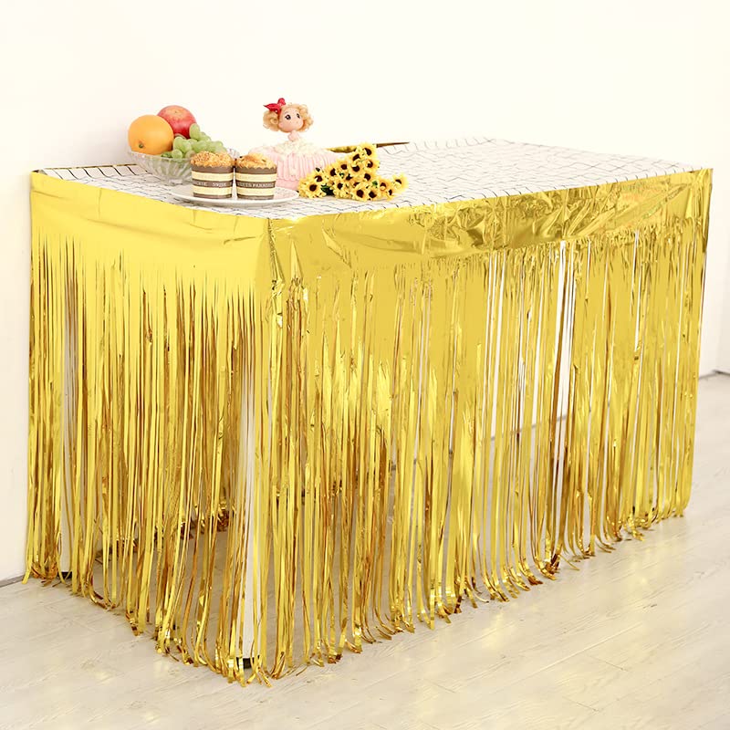 Jupe De Table Festive à Franges Dorées - Décoration Anniversaire, Baptême, Mariage - Adaptable Tables Rondes Et Rectangulaires