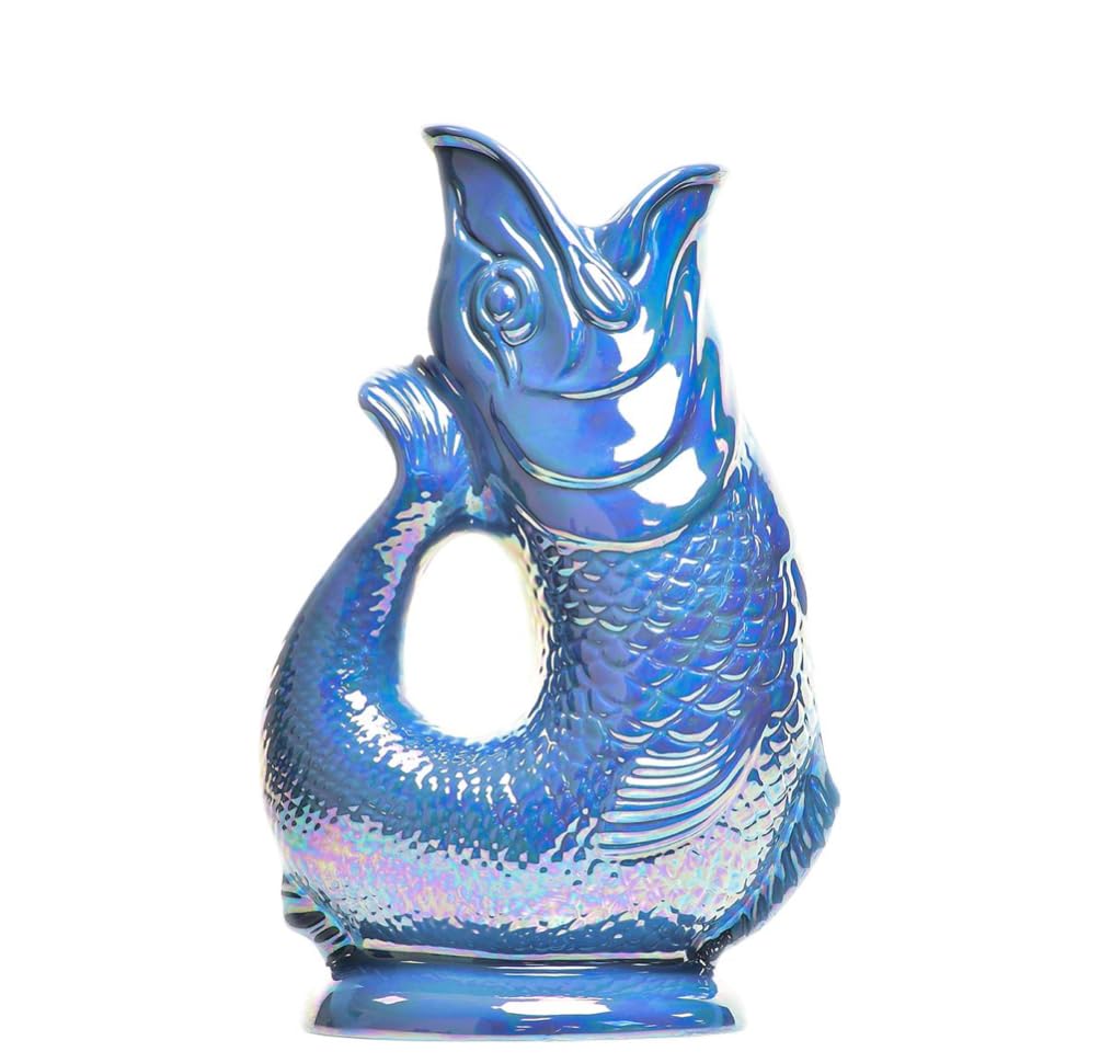 The Original Gluggle Jug - Sea Blue Lustre Glug Jug in XL, 28cm 1.4L - Gug Glug Fish Shaped Jug - Decorative Glugging Water, Cocktail, Wine & Gin Pitcher, Decanter or Vase - Hand Made in Britain