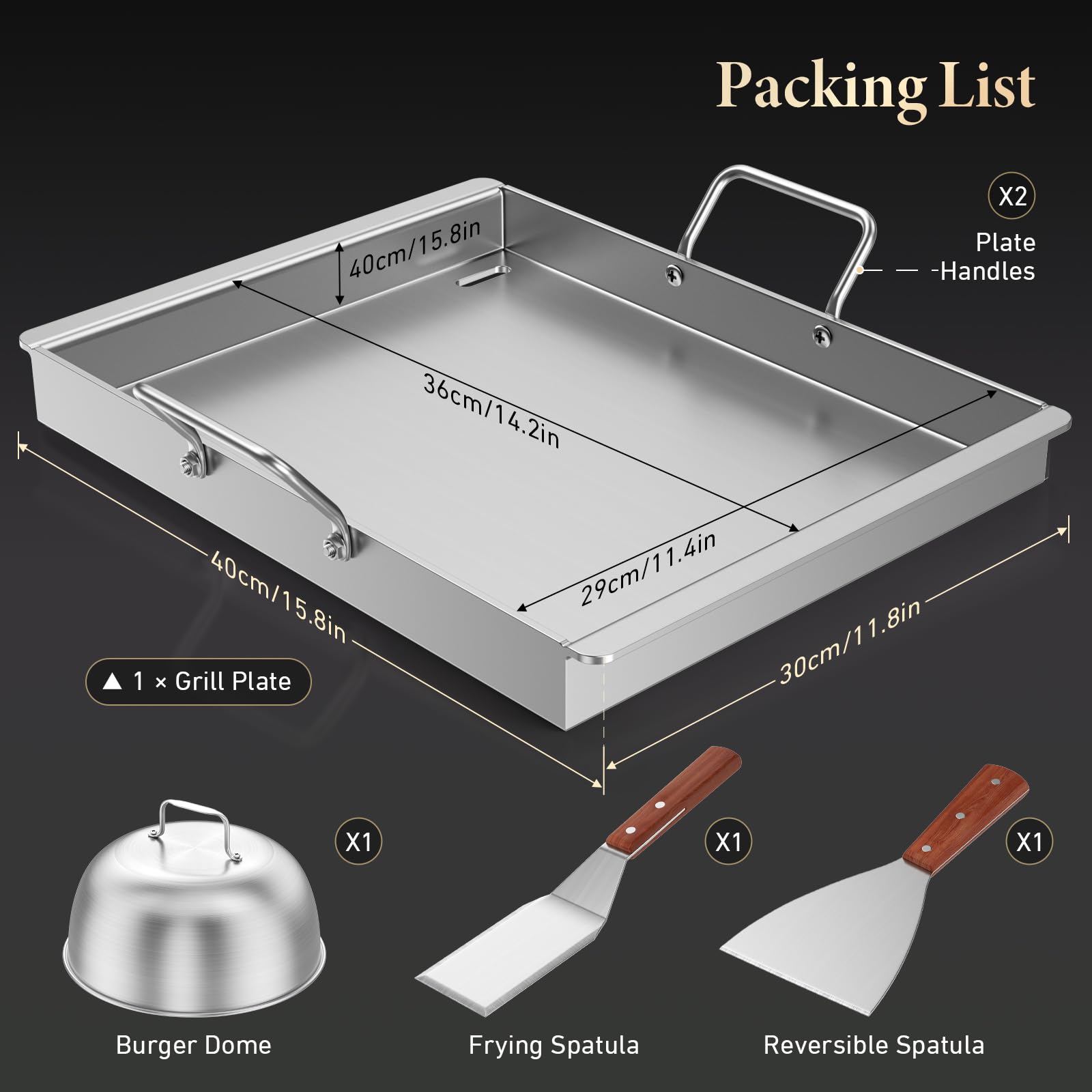 Universal Edelstahl Grillplatte 40x30 cm für Gasgrill - 4mm Massiv Plancha Set inkl. Burger Glocke, 2 Grillspachtel & Abnehmbare Griffe - BBQ Grillplatte für Weber, Enders, Kohlegrill & Backofen
