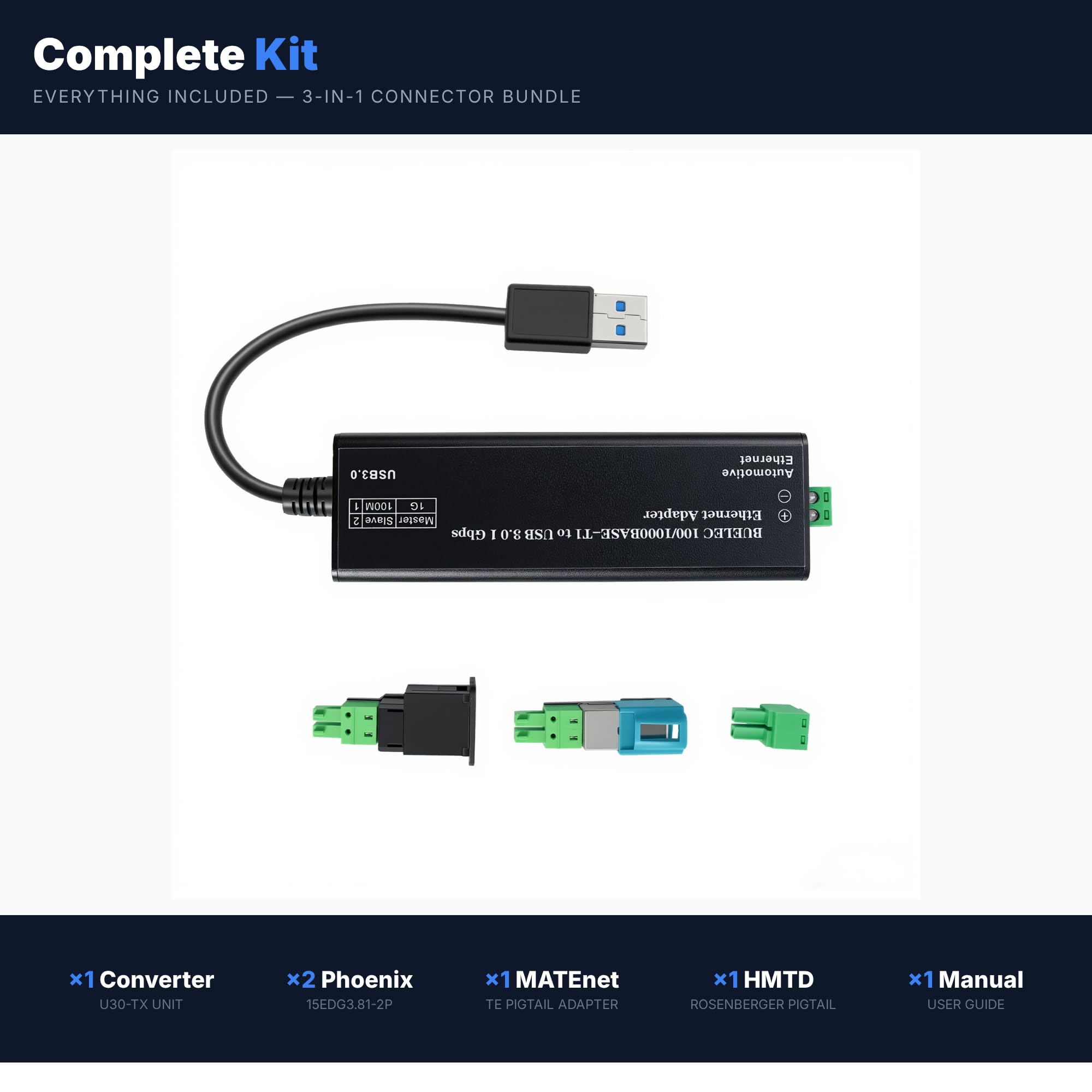 Adaptateur Ethernet USB 3.0 vers une seule paire automobile, 100/1000BASE-T1, alimenté par bus, avec adaptateurs MATEnet et HMTD, Plug and Play