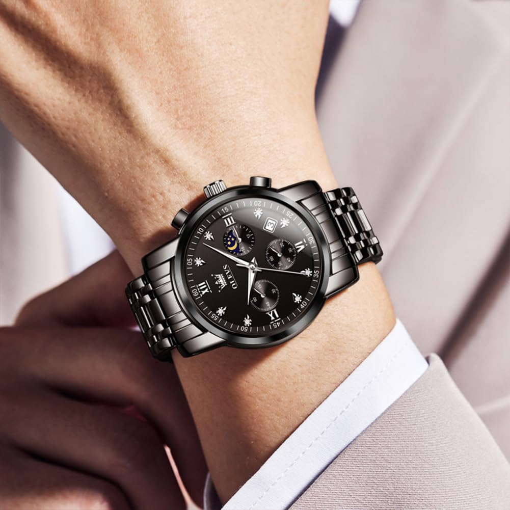 OLEVS Armbanduhr Herren Quarz Luxus Edelstahl Business Herrenuhr Chronograph 3Bar Wasserdicht Uhren Herren 42mm Zifferblatt mit Mondphase Datum Leuchtzeiger klassisch schlicht Geschenk für Männer