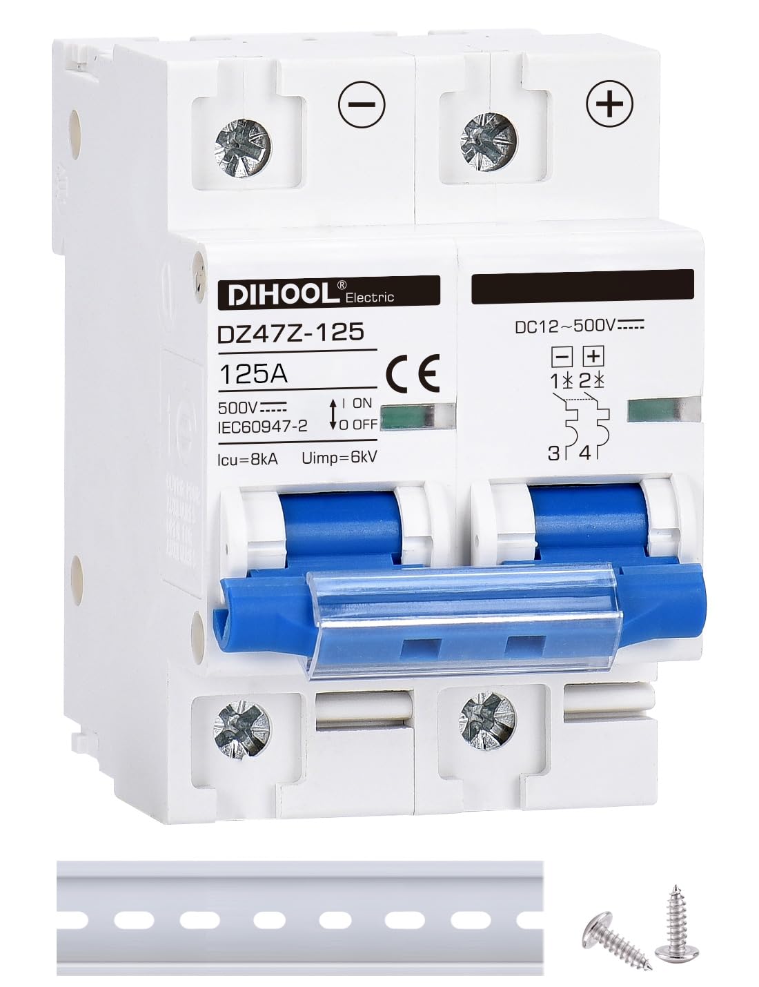 DC Circuit Breaker dz47 2P 125Amp 500V DC MCB Short Circuit Protection Disconnect Switch Isolator for Solar Panel Battery UPS Inverter Photovoltaic PV System