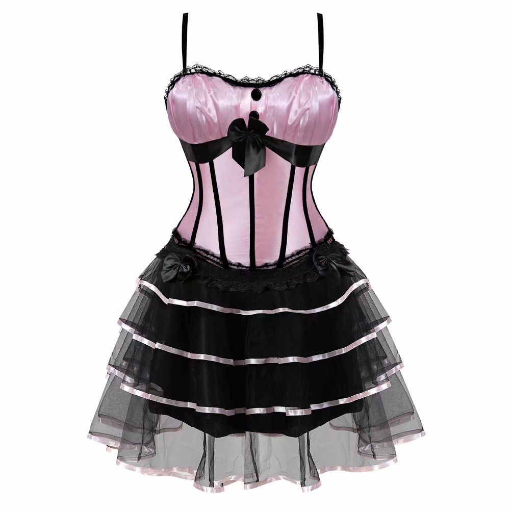 Josamogre Women's Pink Corset Bustier Dress Skirts Tutu Set Overbust Shoulder Straps Vintage Costumes Plus Size Burlesque 2XL