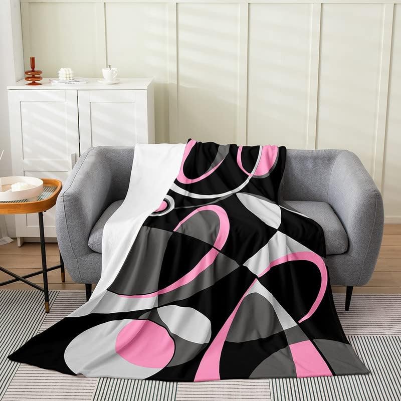 Geometric Flannel Fleece Throw Blanket Kids,Geometry Circle Fuzzy Blanket for Bed Sofa Couch,Stripe Line Bed Blanket Breathable Modern Art Grey Black Pink Plush Blanket Room Decor Queen 90"x