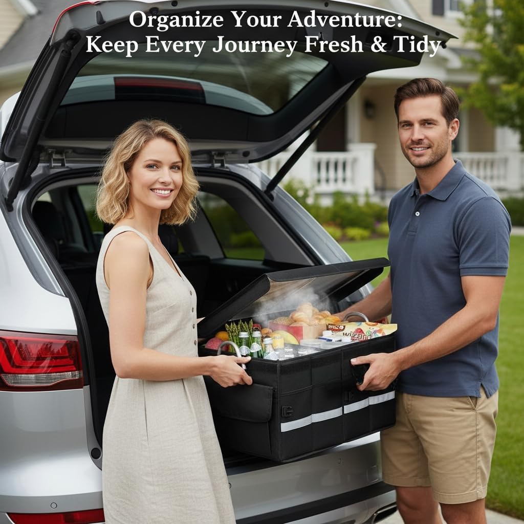 Car & Outdoor Foldable Insulated Oxford Fabric Trunk Organizer Cooler Multi-Compartment Heavy-Duty Storage for Camping & Picnics