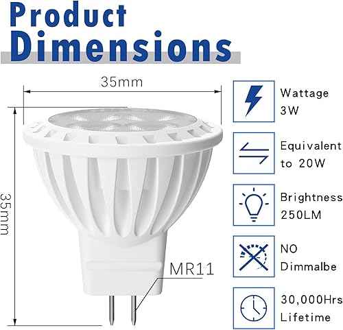 Miniatura 6 de KAPATA MR11 LED equivalente a halógeno de 20 W, base de dos pines GU4 blanco cálido suave de 2700 K, focos de bajo voltaje de 12 V, 250 lm, no