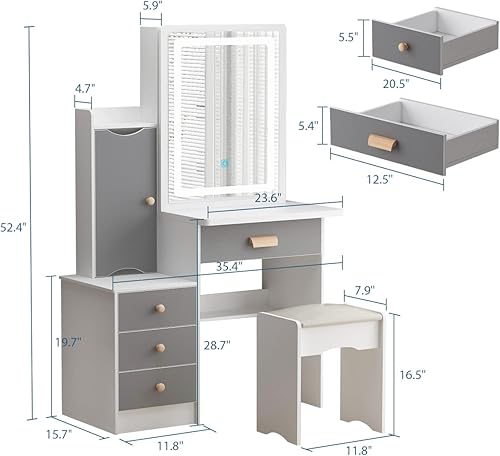 Miniatura 7 de Tocador pequeño de maquillaje con espejo, 4 cajones y estantes, tocador y taburete acolchado (blancogris, espejo iluminado deslizante)