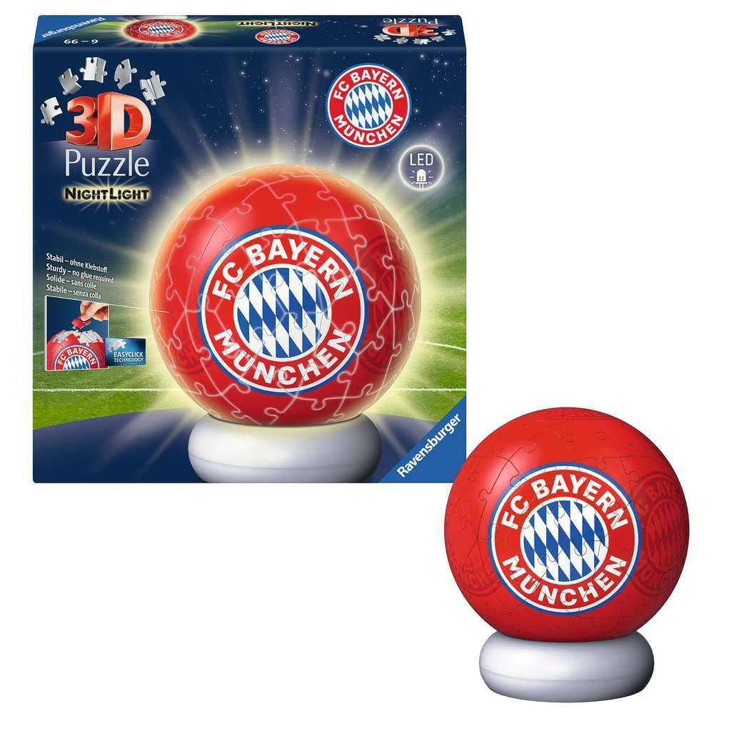 Ravensburger 3D Puzzle Nachtlicht FC Bayern München - Puzzle-Ball mit LED Nachtlicht als Nachttischlampe für Kinder ab 6 Jahren