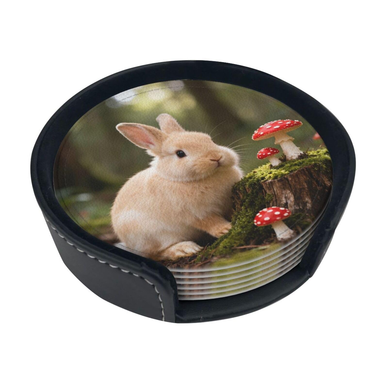 Cntdbu White Rabbit Leather Coasters Set Of 6-Pu Leather Drink Mats For Table, Heat Resistant Round Coasters With Holder