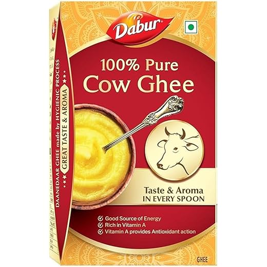 Dabur 100% Pure Cow Ghee - 1l (902g) | Daanedaar with Rich Aroma | Rich in Vitamin A | Provides Energy/Source of Energy