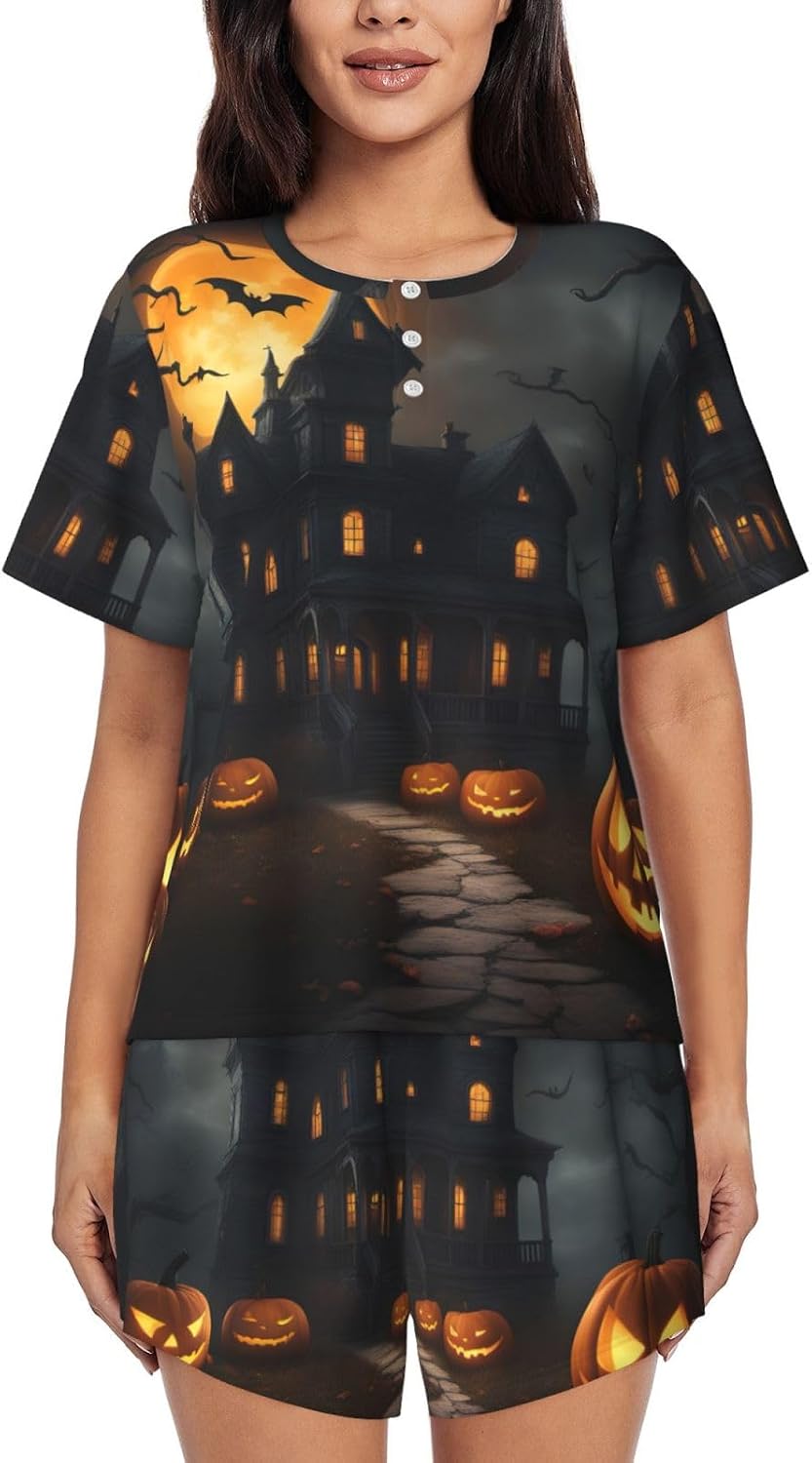 Halloween Horror Print Short Sleeve Pajama Set,Soft Comfy Pjs For Women,Perfect For Sleep And Loungewear